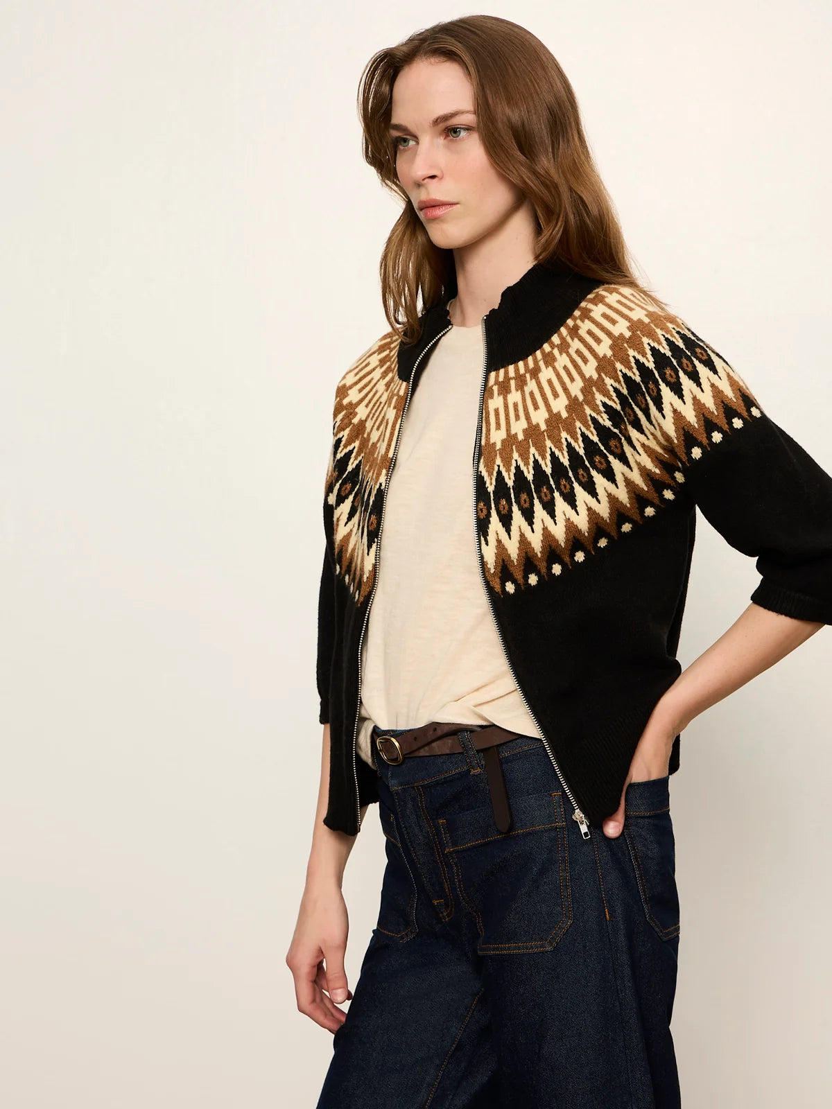 Franny Fairisle Poconos Zip up Short sleeve sweater