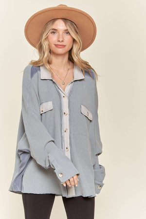 Penelope waffle knit denim colored button down