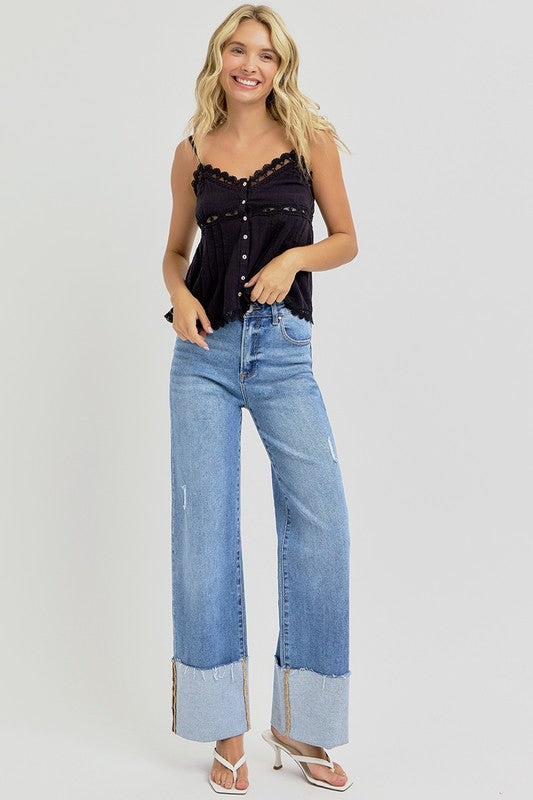Hannah High Rise Wide Cuffed Denim Jeans--stretchy