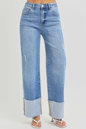 Hannah High Rise Wide Cuffed Denim Jeans--stretchy