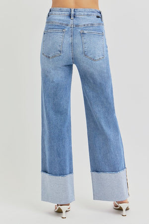 Hannah High Rise Wide Cuffed Denim Jeans--stretchy
