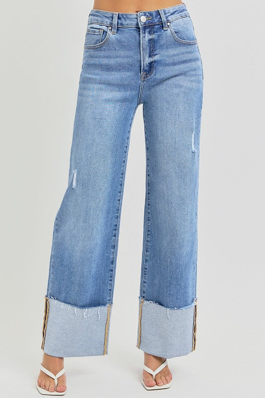 Hannah High Rise Wide Cuffed Denim Jeans--stretchy