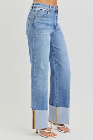 Hannah High Rise Wide Cuffed Denim Jeans--stretchy