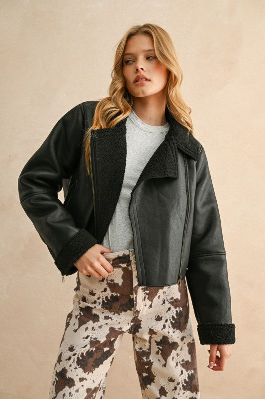 Farren Faux Suede Sherpa Biker Jacket (2 colors)