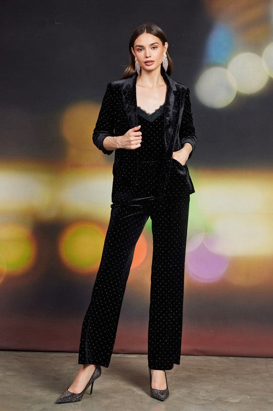 Ready and Waiting Rhinestone Velvet Pants Stretchy