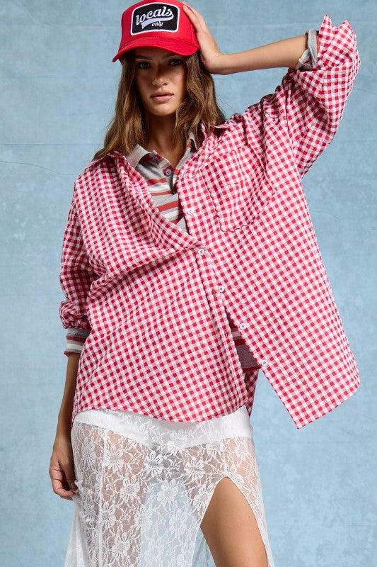 Husker Red Plaid button down Oversized (Pre-Order)