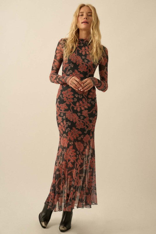 Molly Mesh Floral Thumbhole Long Sleeve Dress