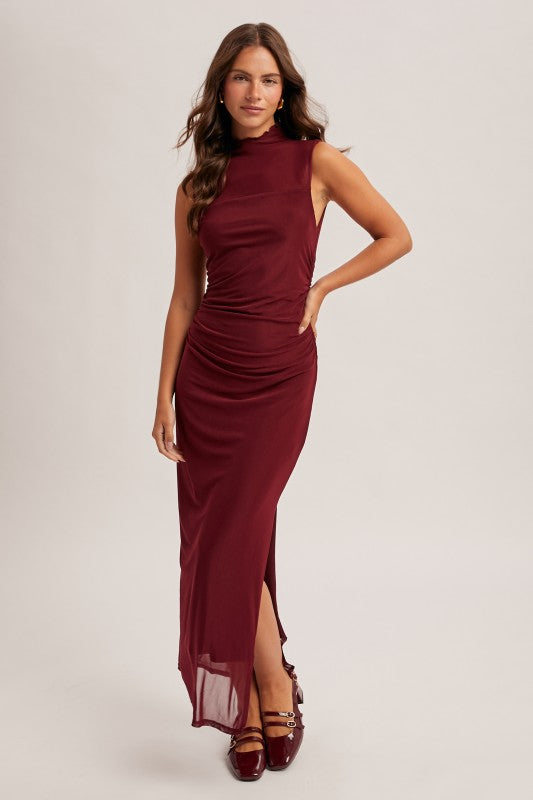 Don't Wine about it Mock Neck Sheer Stretchy Dress with side slit