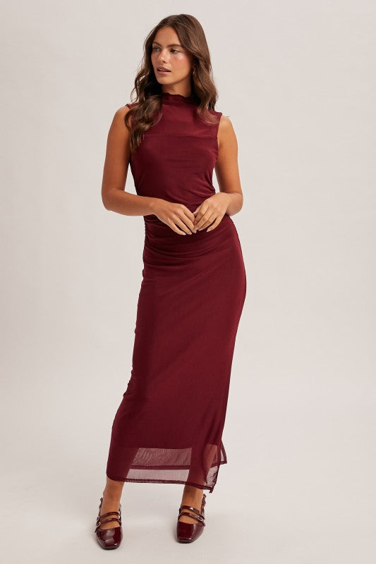 Don't Wine about it Mock Neck Sheer Stretchy Dress with side slit
