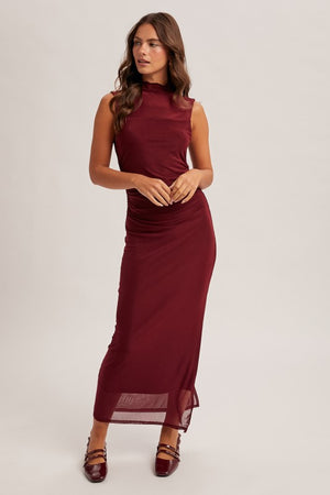 Don't Wine about it Mock Neck Sheer Stretchy Dress with side slit