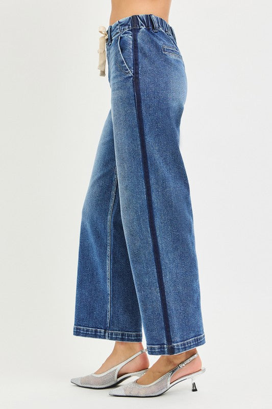 Remy Relaxed Side Stripe Elastic waist stretchy Cropped Denim Jeans