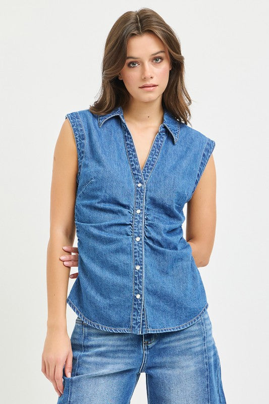 Shawna Shirring Sleeveless Denim Top (RESTOCK BEST SELLER)