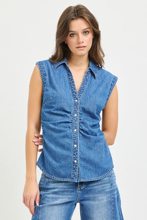 Shawna Shirring Sleeveless Denim Top (RESTOCK BEST SELLER)