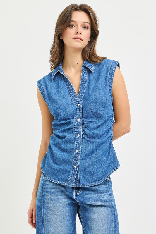 Shawna Shirring Sleeveless Denim Top (RESTOCK BEST SELLER)