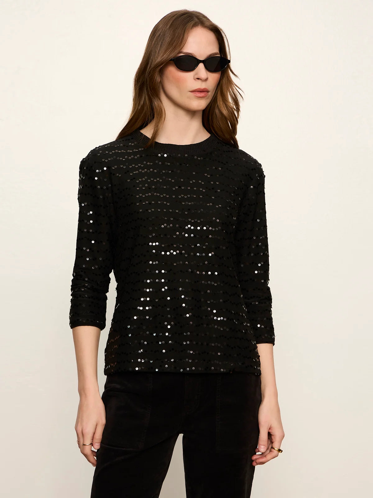 3/4 Sequin Mode Tee in Black with Mesh