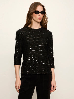 3/4 Sequin Mode Tee in Black with Mesh