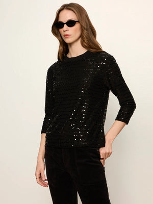 3/4 Sequin Mode Tee in Black with Mesh