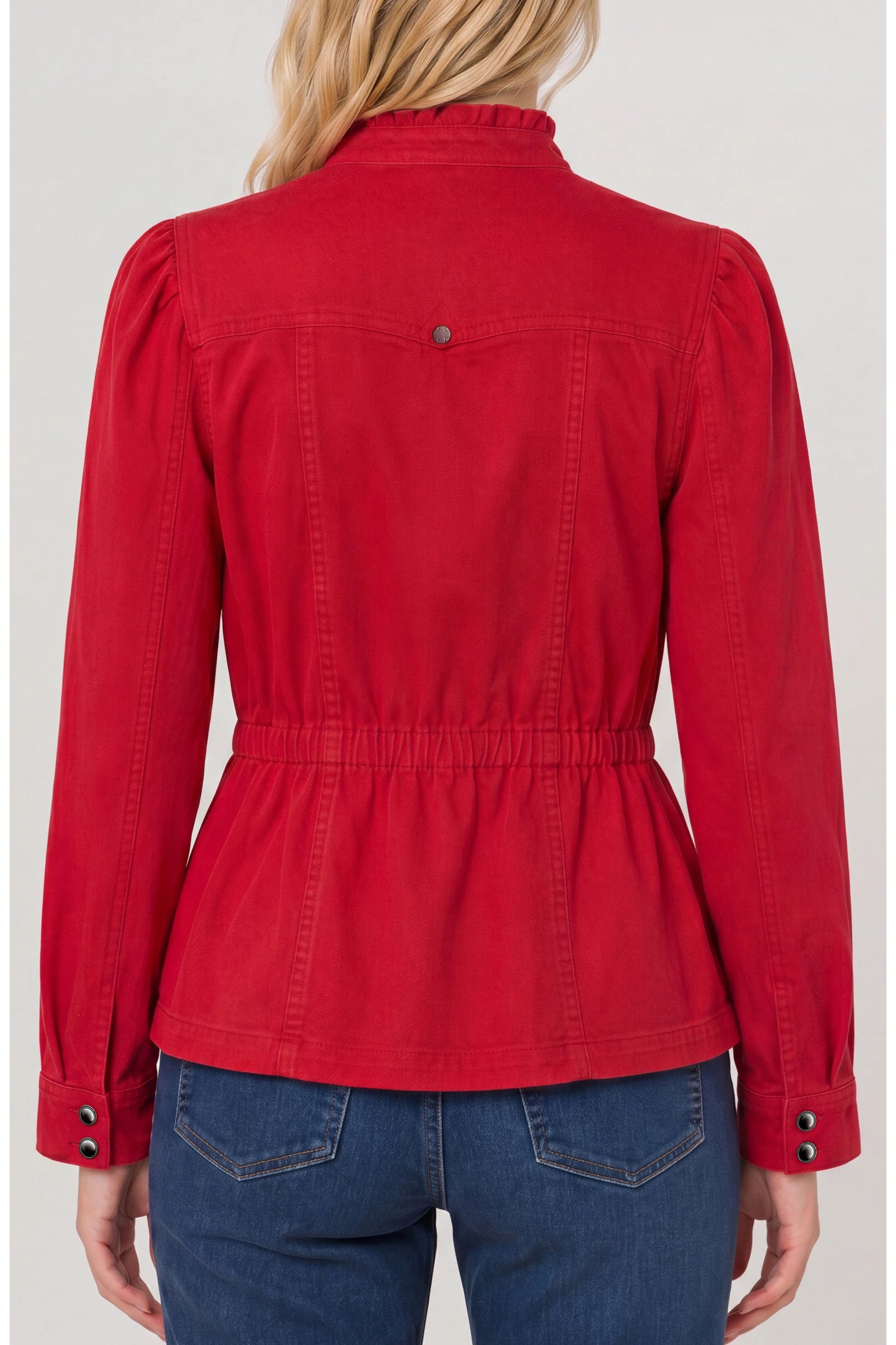 Ruby Red Trucker Jacket with Ruffled Collar