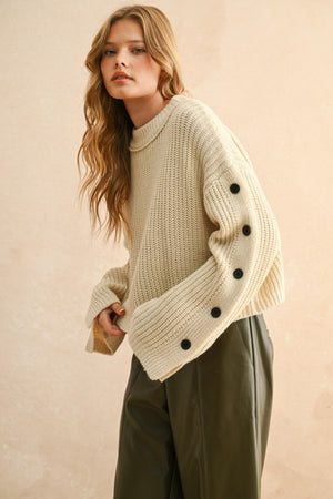 All Buttoned UpWide Neck Cream Sweater