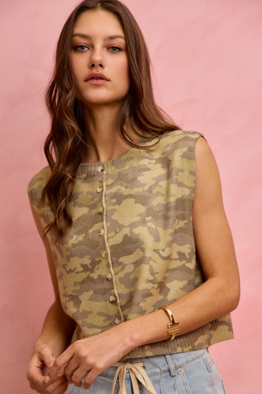 Christina Camo Button Up Sleeveless Vest