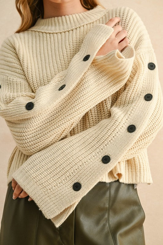 All Buttoned UpWide Neck Cream Sweater