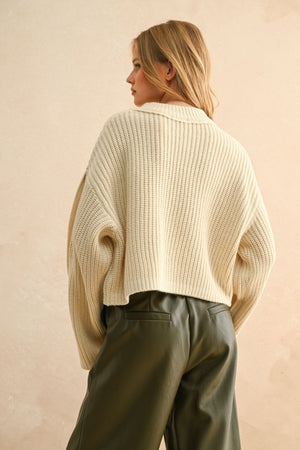 All Buttoned UpWide Neck Cream Sweater