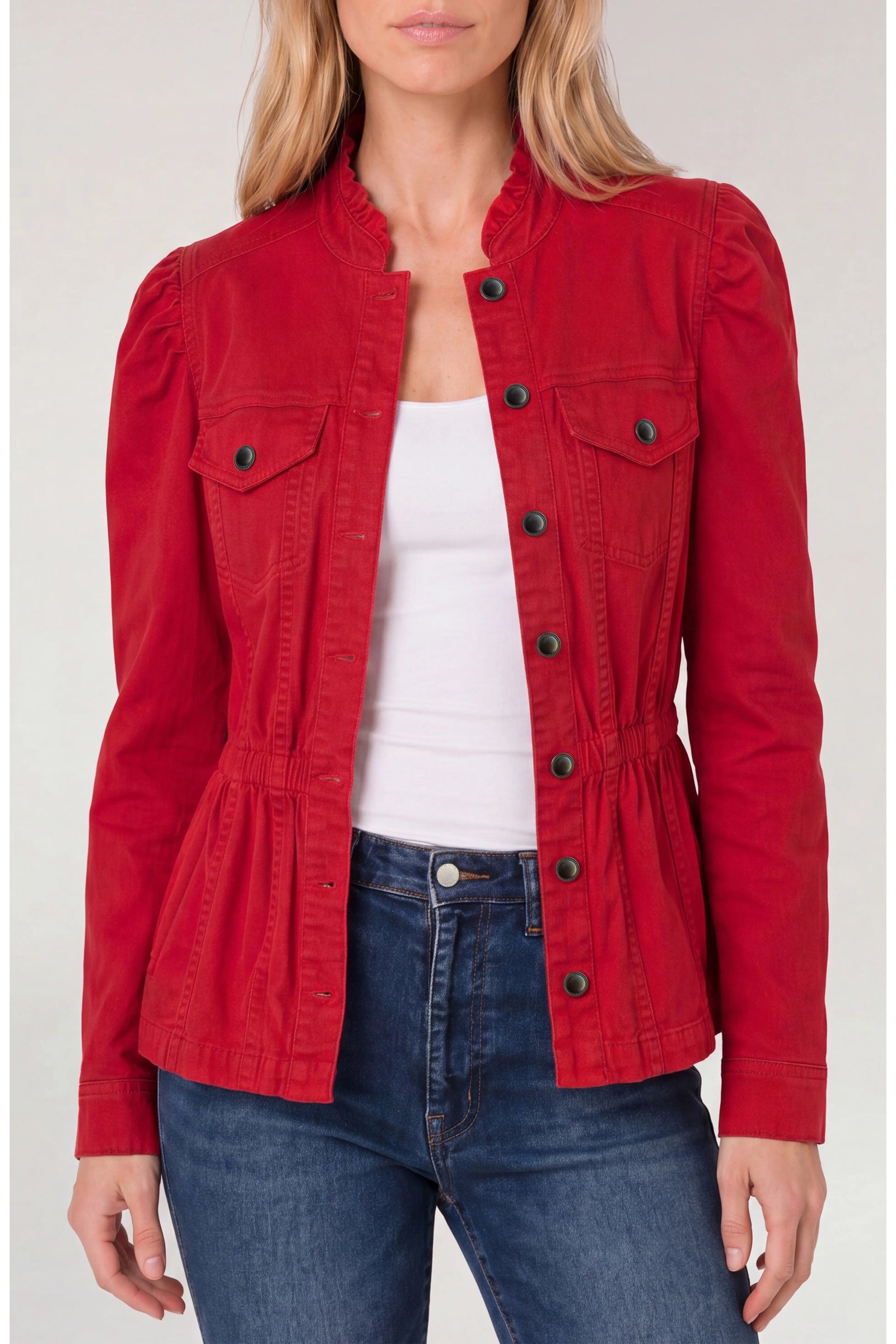 Ruby Red Trucker Jacket with Ruffled Collar