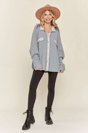 Penelope waffle knit denim colored button down