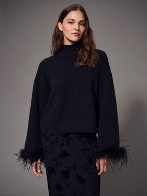 Feather Trim Mock Neck Sweater