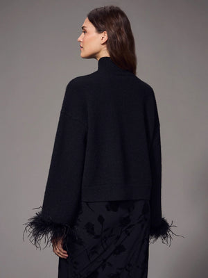 Feather Trim Mock Neck Sweater
