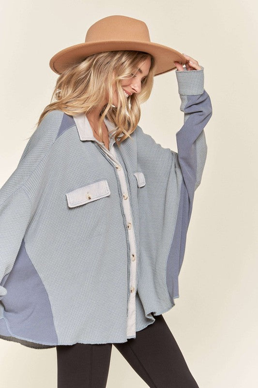 Penelope waffle knit denim colored button down