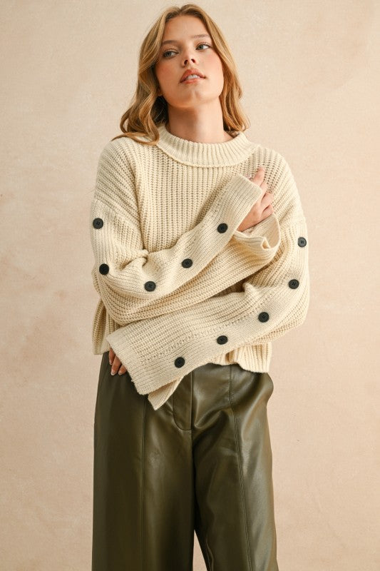 All Buttoned UpWide Neck Cream Sweater