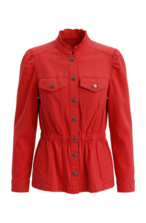 Ruby Red Trucker Jacket with Ruffled Collar
