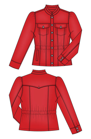 Ruby Red Trucker Jacket with Ruffled Collar