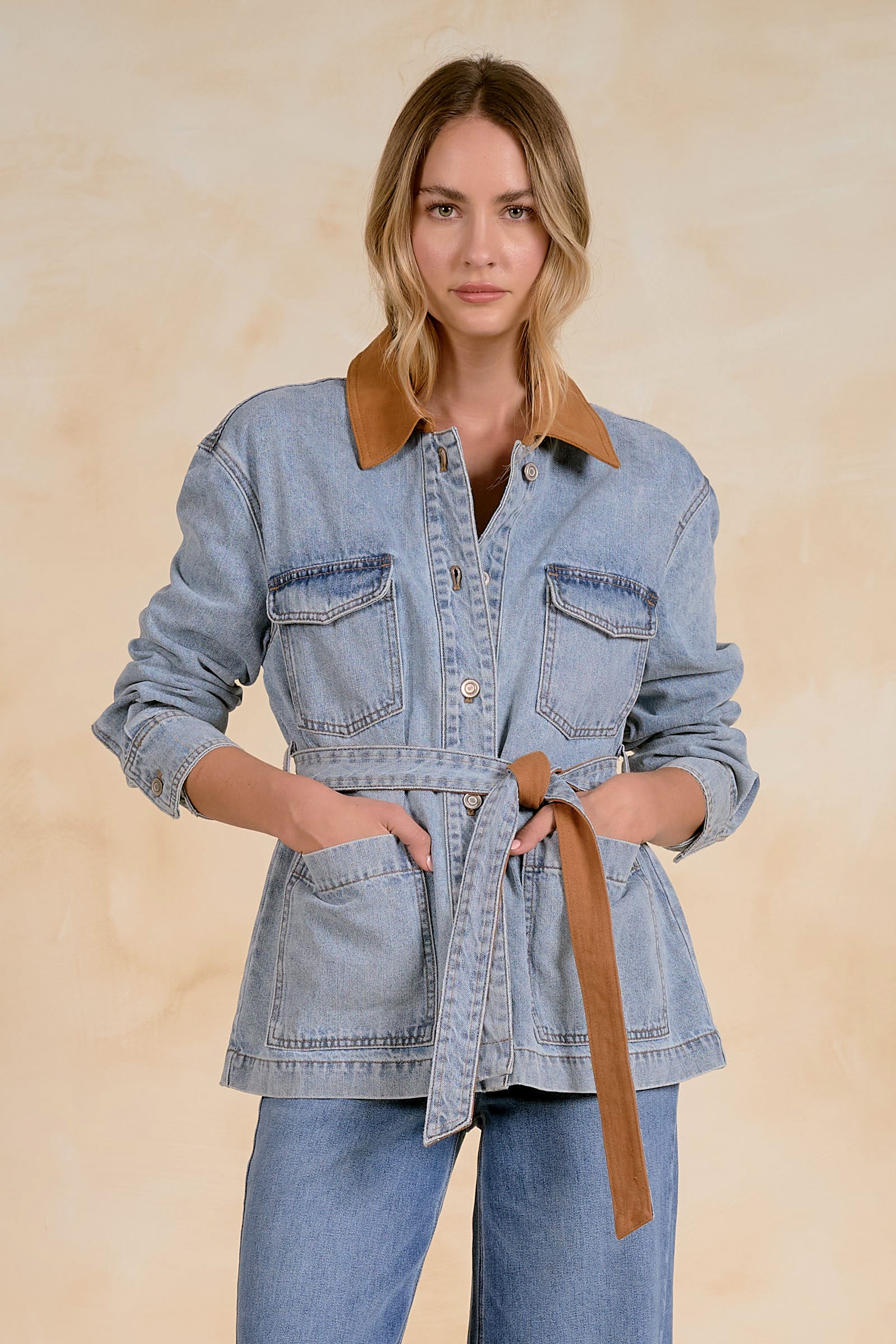 Benny button front jacket contrast leather tie waist