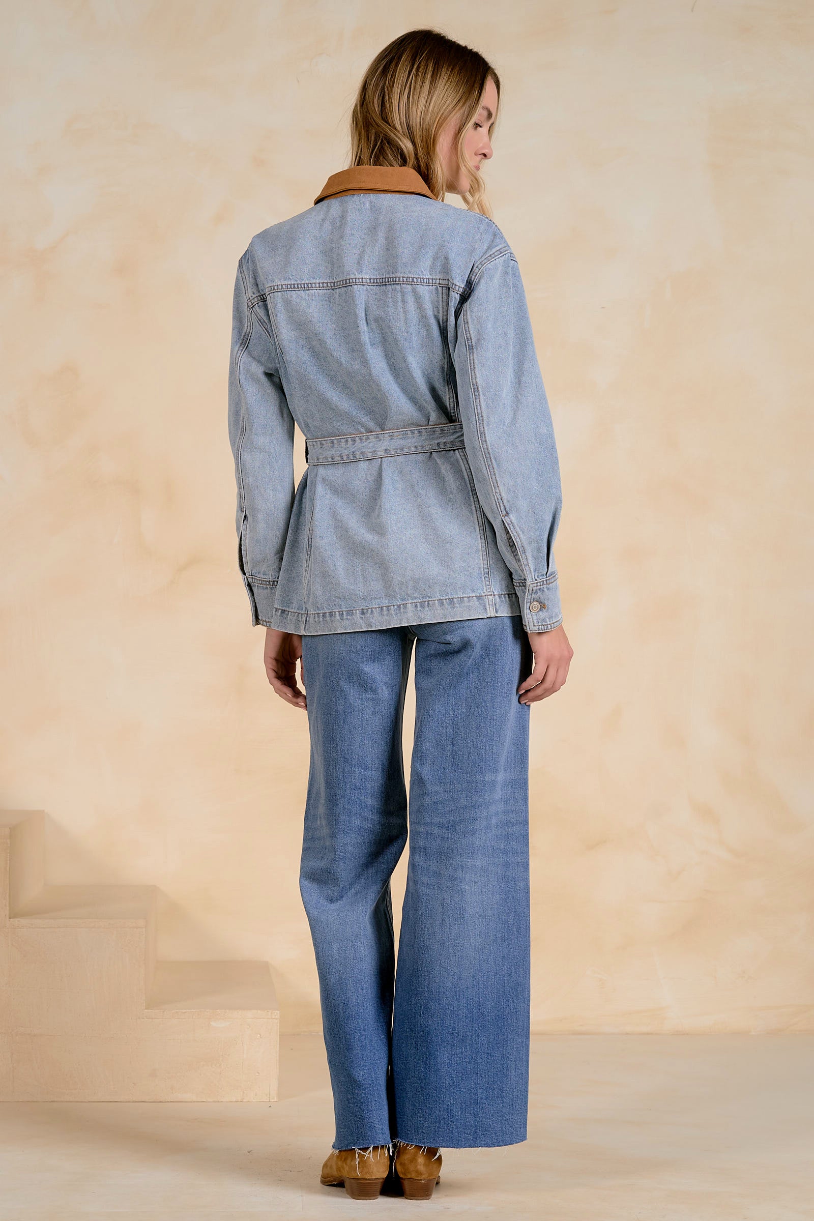 Benny button front jacket contrast leather tie waist