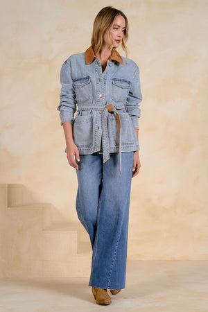 Benny button front jacket contrast leather tie waist
