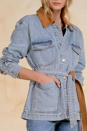 Benny button front jacket contrast leather tie waist