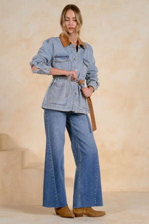 Benny button front jacket contrast leather tie waist