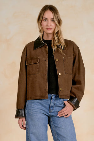 Leather Trimmed Denim Jacket in Cocoa