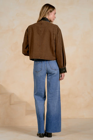 Leather Trimmed Denim Jacket in Cocoa