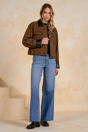 Leather Trimmed Denim Jacket in Cocoa