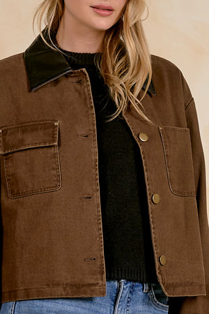 Leather Trimmed Denim Jacket in Cocoa