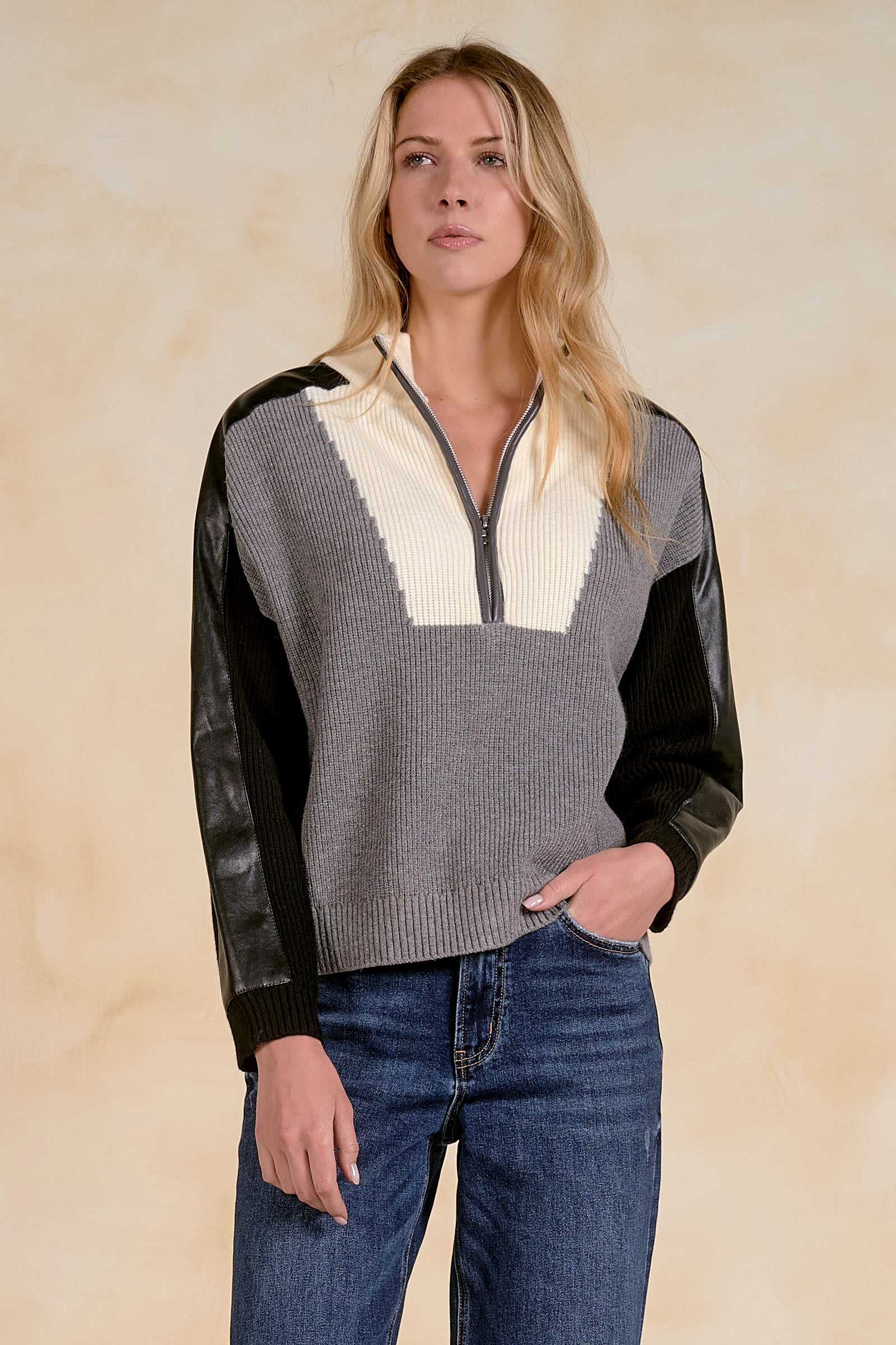 Laney Leather Sleeve Zip up Sweater