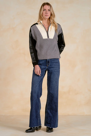 Laney Leather Sleeve Zip up Sweater